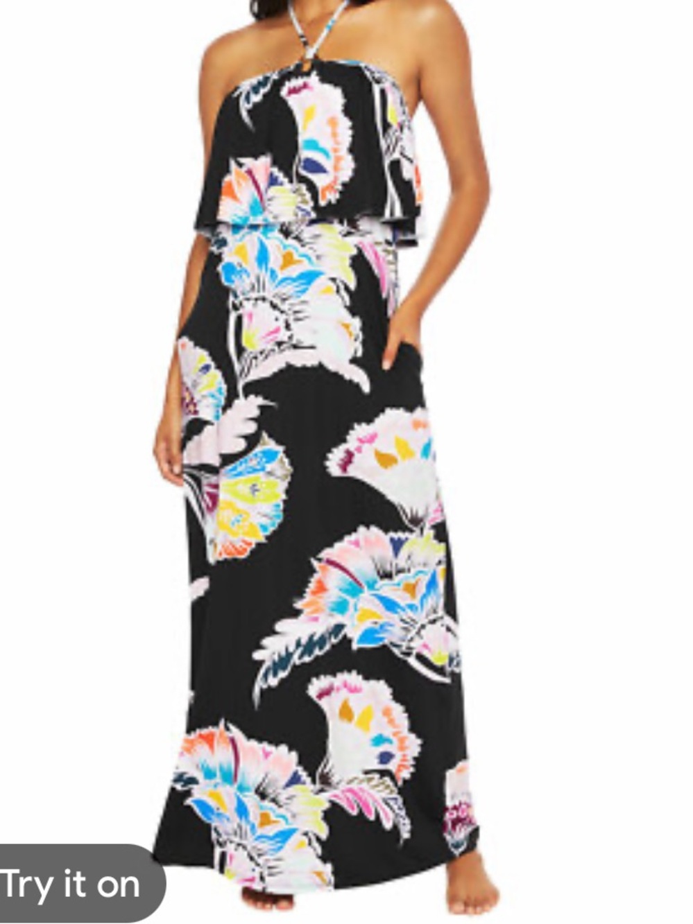 Trina Turk Black Floral Seychelles Print Halter Maxi Cover up Dress size M